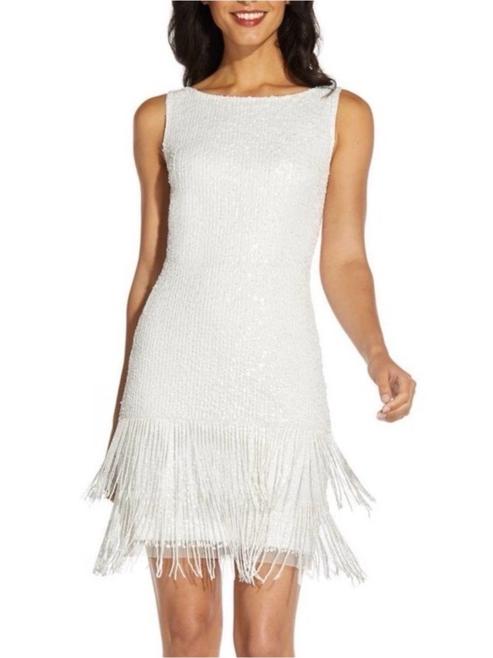Adrianna Papell Ivory Sequin Fringe Mini Dress size 16 Petite new